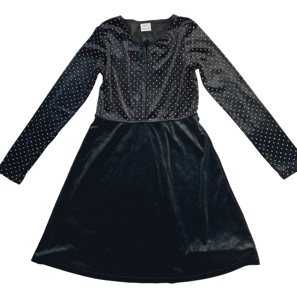 Zara Kids Girls Black Velvet Rhinestone Long Sleeve Party Dress Size 11-12 152